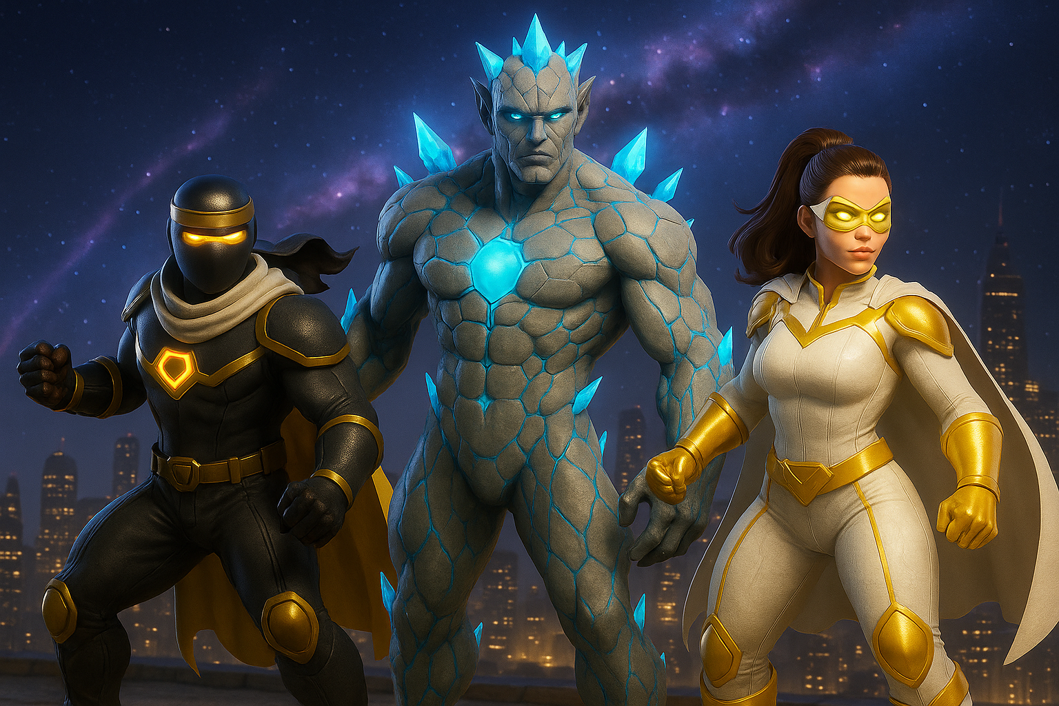 Superhero Team - Three powerful heroes with crystal, shadow, and light powers ready for battle